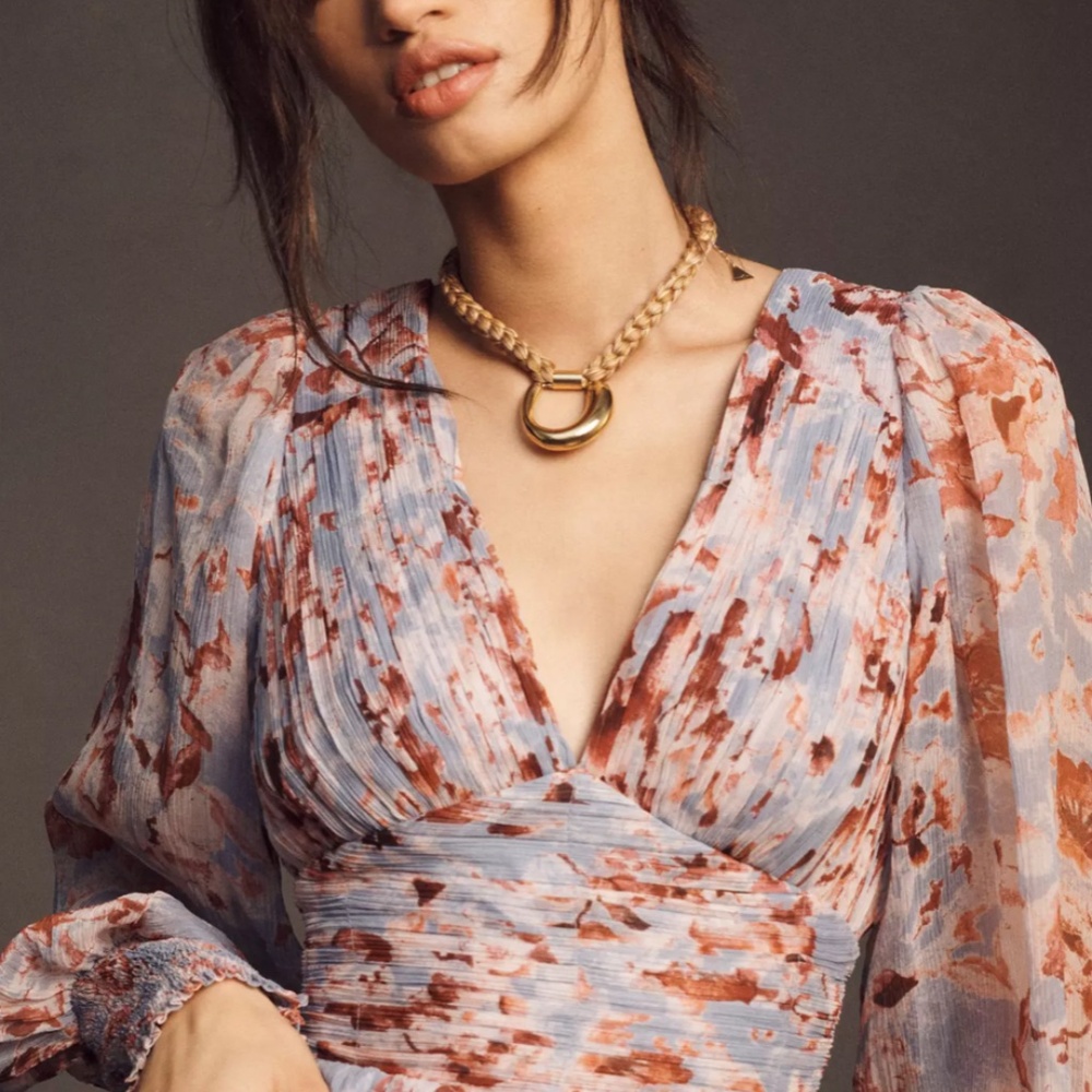 Gorgeous BHLDN V-Neck Long-Sleeve Printed Chiffon Gown 💕💕